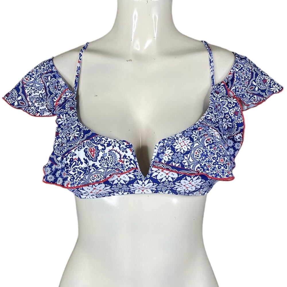 Luli Fama Bikini Top Cold Shoulder Flutter Sleeve Blue White Floral Size Medium